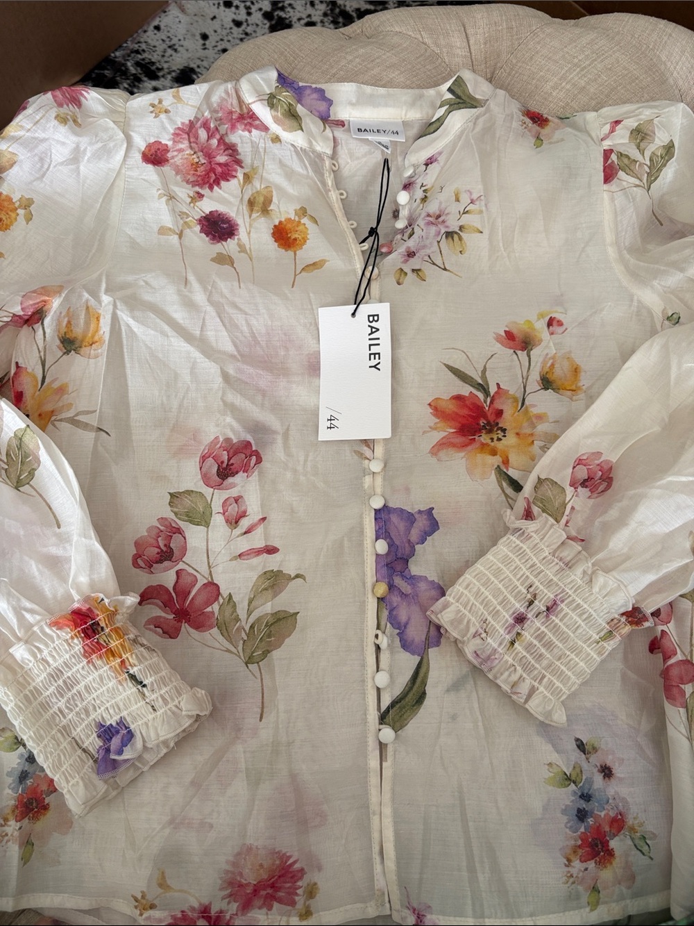 Bailey 44 White Sheer Floral Button-Front Blouse